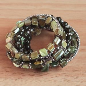 Dyed Abalone Shell Beaded Green Silver Tone Bracelet Bangle Wrap Spiral Bohemian